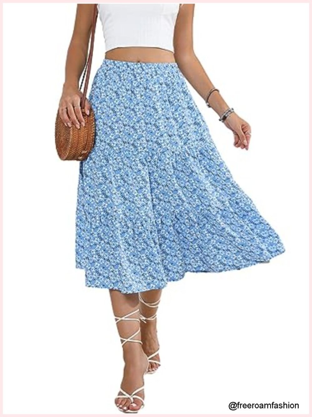 Flowy Floral Midi Skirt with Pockets High Elastic Waist Ruffle